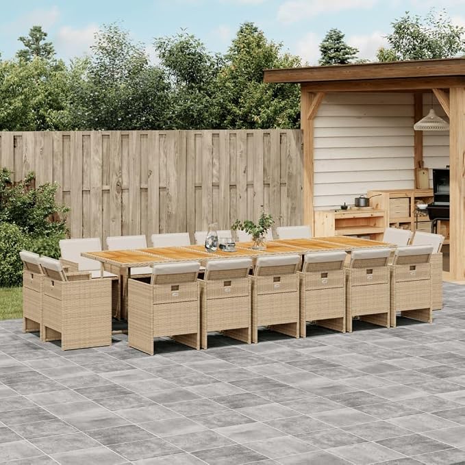 17-Piece Outdoor Patio Dining Set with Cushions Beige PE Rattan Furniture, 16 Foldable Chairs & Acacia Wood Table for Backyard Garden Balcony Porch