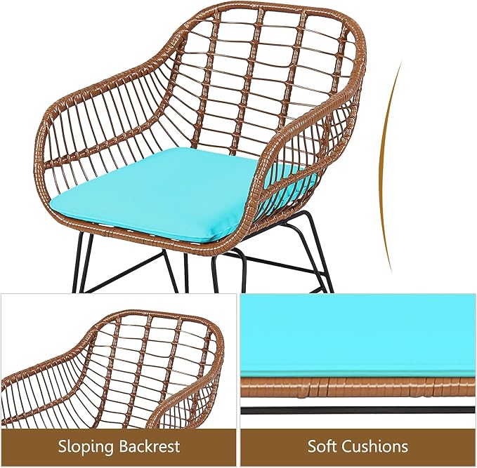 DORTALA 3 Piece Patio Bistro Set, Outdoor Wicker Furniture with Round Tempered Glass Top Table & 2 Rattan Armchairs, Cushions, Conversation Set for Porch, Backyard, Garden, Turquoise