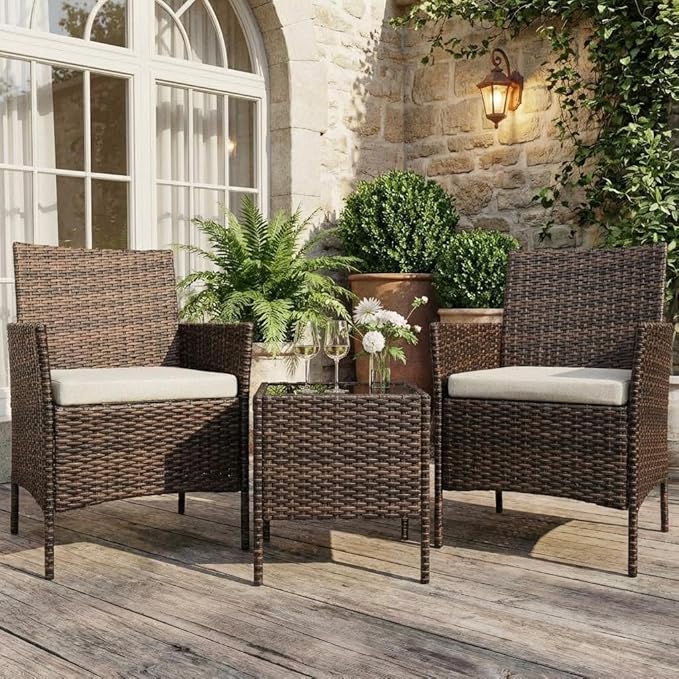 3PCS Outdoor Patio Bistro Set, PE Rattan Wicker Armchairs with Water-Resistant Cushions & Tempered Glass Coffee Table, All-Weather Conversation Set for Garden, Backyard, Porch, Poolside, Brown/Beige
