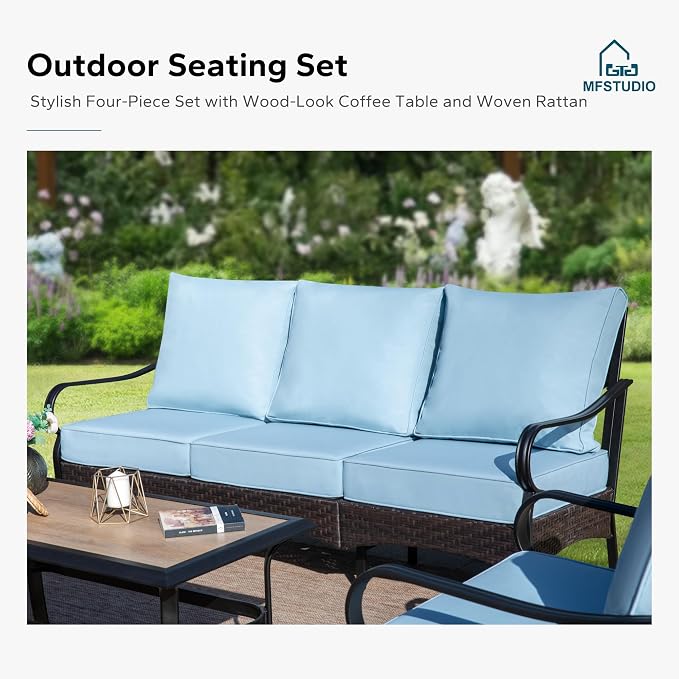 MFSTUDIO 4 Pieces Outdoor Patio Furniture Set, Metal Outdoor Conversation Set, Rattan Wicker Patio Sectional Sofa Set with 2 x Fixed Single Sofa, 3-Seat Sofa, 1 x Coffee Table, Blue