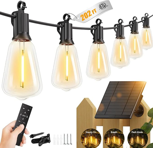 Brightown 202FT Solar String Lights Outdoor, 65+2 Shatterproof LED Lights | Waterproof, Remote Control, Dimmable, Timer, 3 Light Modes, Commercial Grade Patio Lights for Garden, Backyard, Party Decor