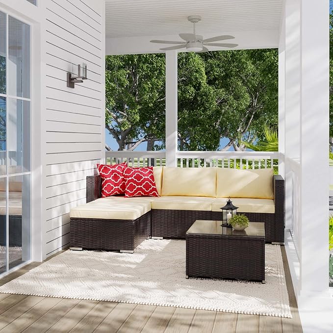 Aiho Patio Furniture Set All Weather Outdoor Sectional Patio Sofa Set with Tempered Coffee Table, for Backyard Porch, Beige