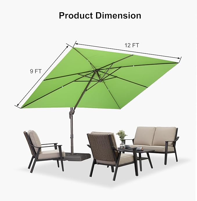 PURPLE LEAF 9' X 11.5' Rectangle Cantilever Umbrella Patio Umbrella Antique Bronze Outdoor Aluminum Offset Hanging Umbrella with 360-degree Rotation for Pool Garden Backyard Deck, Green