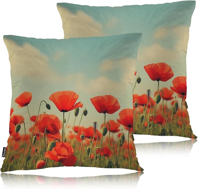 Swono Poppy Bed Pillow Covers, Vintage Blossom Red Roses Poppies Flied Decorative Throw Pillow Cover Cushion Case for Sofa Bed Living Room Farmhouse Decorations, 18"X18" 2 Pieces Pillowcases