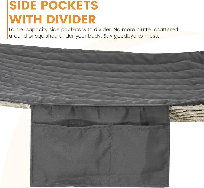 Lazy Daze Hammocks Rope Hammock with Pad, Spreader Bar, Carabiners, Tree Straps, Chains for Outside Patio- Max 450 Lbs, Dark Grey