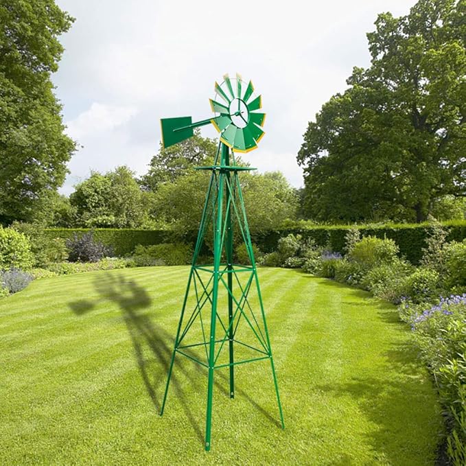 VINGLI Upgrade 8FT Ornamental Windmill Backyard Garden Decoration Weather Vane, Heavy Duty Metal Wind Mill w/ 4 Legs Design (Green)