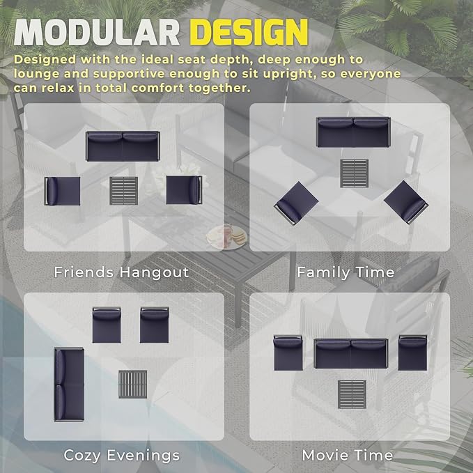 U-MAX Aluminum Patio Furniture Set 4 Seats Outdoor Sectional Couch with Coffee Central Table Patio Conversation Sets for Porch Deck (Dark Blue, with Retractable Sofa Couch and Single Sofa)