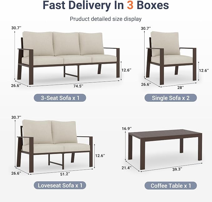 UDPATIO Aluminum Outdoor Patio Furniture Set 7-Seat Metal Patio Conversation Sets with Coffee Table and Water-Resistant Cushions, Modern Patio Sectional Sofa for Porch, Deck, Backyard, Poolside