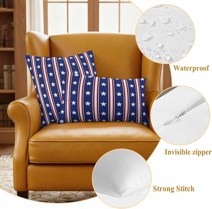 Blue Red Outdoor Pillow Covers 24"x24" Set of 2, Waterproof Throw Pillow Covers for Patio Furniture, Stripes Patirotic Star Independence Day Decorative Cushion Covers for Porch