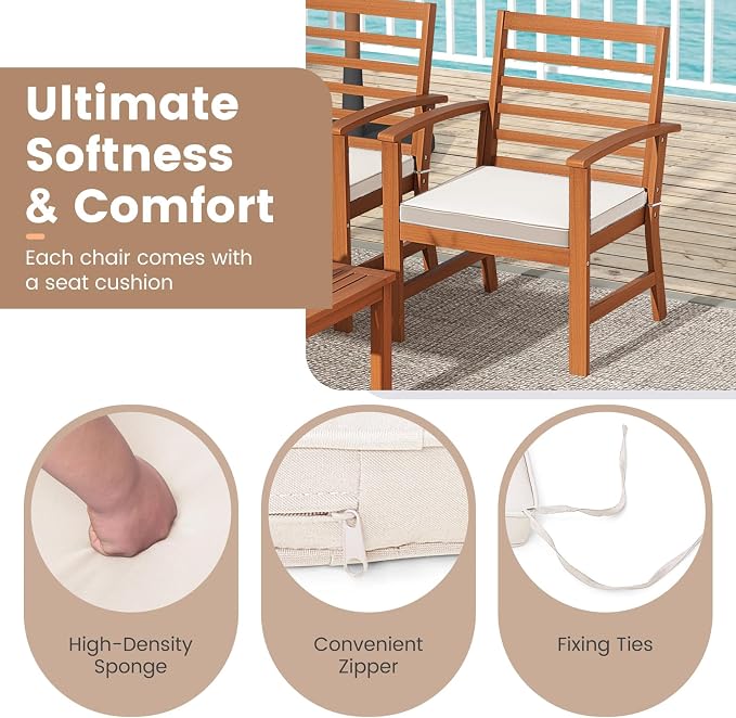Tangkula 4 Pieces Outdoor Furniture Set, Acacia Wood Conversation Set w/Soft Seat Cushions, Stable Acacia Wood Frame, Patio Sofa & Coffee Table Set for Backyard, Porch, Poolside (White)