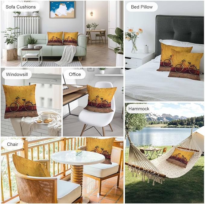 Bicycles Outdoor Pillow Covers 18x18 Inch Throw Pillow Covers Set of 2 Waterproof Decorative Pillow Cases Farmhouse Vintage Vehicle Yellow Broken Walls Cushion Covers for Patio Furniture Garden Couch