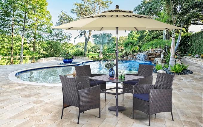 PHI VILLA 5pc Patio Dining Set with Umbrella, Square Table, Rattan Chairs | Outdoor Dining Set for 4, 37" Metal Table & 4 Cushioned Rattan Chairs with Beige Umbrella for Outdoor, Deck, Yard, Porch