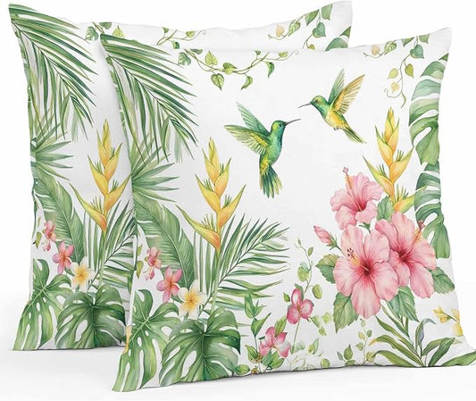 Yukro Hummingbirds Hibiscus Outdoor Waterproof Pillow Covers Pack of 2, Birds Botanical Tropical Plant Throw Pillowcases Decorative Cushion Covers for Garden Patio Tent Sofa Couch, 16x16 inch