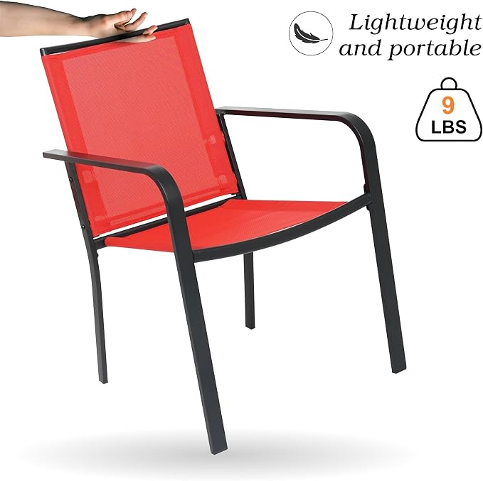 Anmutig 5-Piece Outdoor Patio Dining Set 37-Inch Square Glass Table with 4 Stackable Chairs for Lawn Backyard and Deck, Red