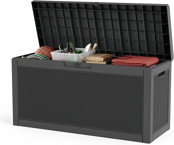 60 Gallon Deck Box, Waterproof Resin Outdoor Storage Box with Lockable Lid, Patio Storage Box Featuring Fade Resistant for Patio Furniture Cushions, Pool Accessories, Garden Tools, Black