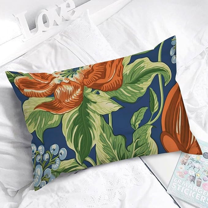 Lumbar Pillow Cases Orange Floral Chinoiserie on Blue Cushion Cover Modern Peony Chic Asian Pillow Cover Accent Square Couch Sofa Cushion Covers for for Sofa Couch Bedroom Bed Chair 12x18in