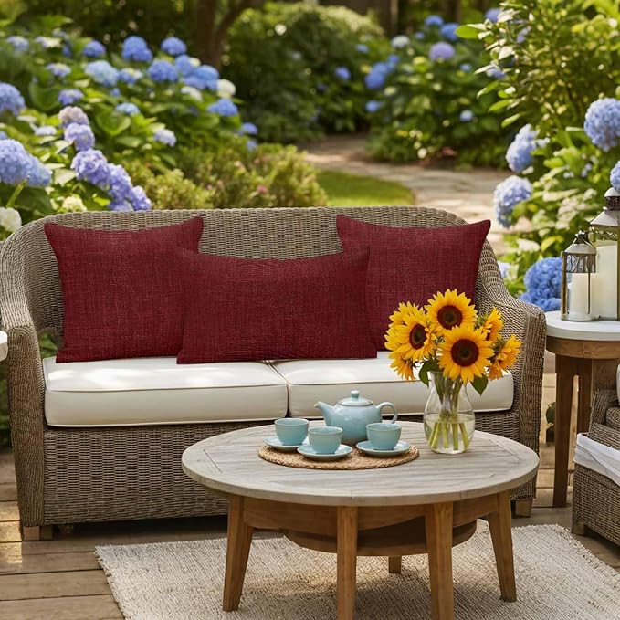 Outdoor Waterproof Throw Pillow Covers Set of 2 Wine Red Linen Pillowcases 24x24 Inches Farmhouse Pure Color Decorative Pillows Cushion Case Patio Pillows for Couch Bed Chair Garden