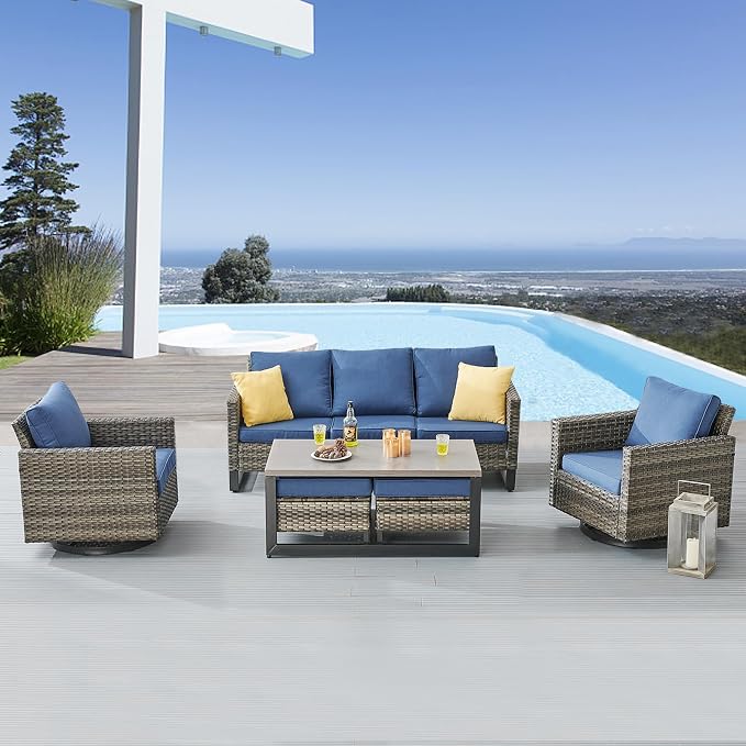 Belord 6 Piece Outdoor Furniture Patio Wicker Sofa Set, Oversize Outdoor Swivel Rocker Chairs with Rattan Ottomans, Conversation Sets Patio Furniture Come with Removable Washable Cushion Blue