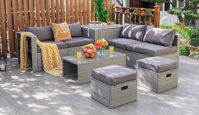 Tangkula 8 Piece Patio Wicker Furniture Set, Patiojoy Space Saving Outdoor PE Rattan Conversation Set with Storage Box & Waterproof Cover, Coffee Table, 2 Ottomans, 2 Armless Sofas & 2 Corner Sofas