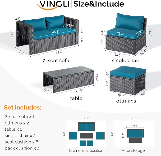VINGLI 6 Pieces Wicker Patio Furniture Set, Outdoor Sectional Furniture Patio Conversation Set Space-Saving Design with Ottomans and Coffee Table for Garden,Poolside, Backyard (Black)