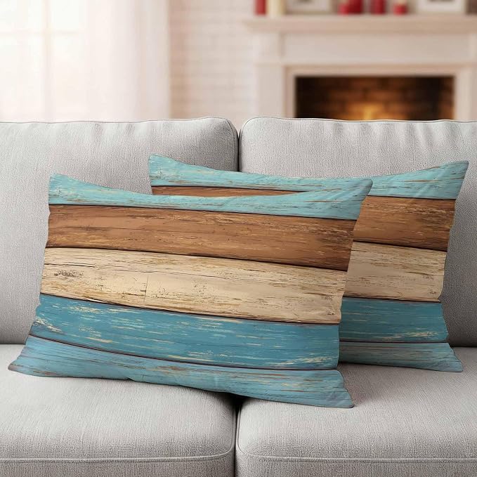 Farmhouse Light Blue Brown Outdoor Waterproof Pillow Covers, Vintage Wooden Striped Decorative Rectangle Throw Pillowcase Sofa Cushion Sham for Patio/Couch/Chair, 20"x12" 2 Pack