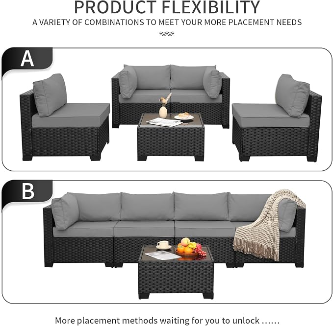 WAROOM Outdoor 5 Piece Patio Furniture Set, Black Rattan Conversation Couch Resin Wicker Sectional Sofa Outside Chair with Coffee Table, Grey Cushion