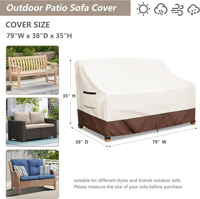Waterproof Patio Sofa Cover, Heavy Duty 3-Seater Outdoor Couch Cover Size Up to 79W x 38D x 35H Inches, Lawn Patio Furniture Covers with Air Vent (Beige)