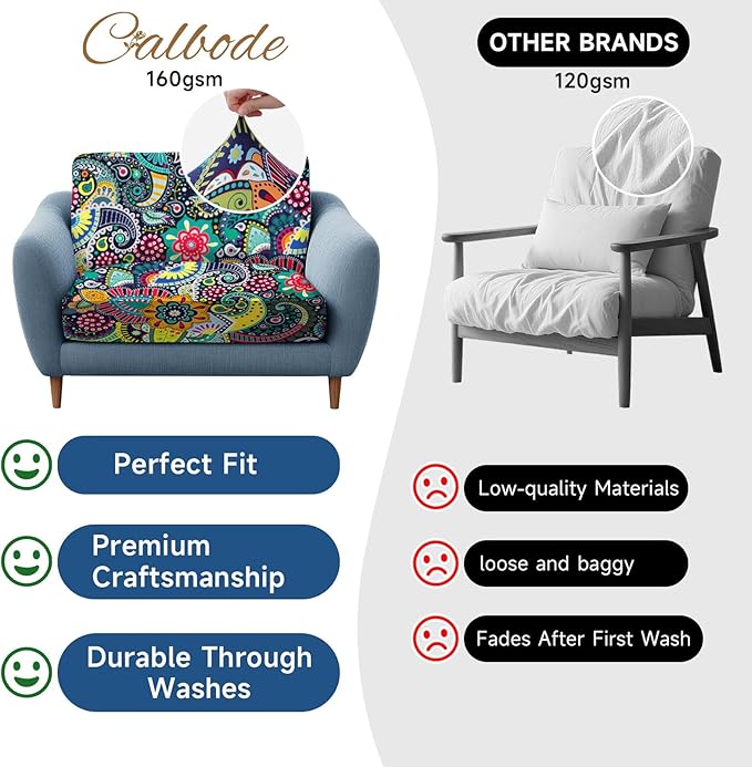 CALBODE 8Pcs Stretch Patio Cushion Cover, Boho Floral Couch & Sofa Slipcovers for Patio Furniture Cushions Washable Reusable Couch Covers Replacement for All Season, Breathable (Paisley, Cover Only)