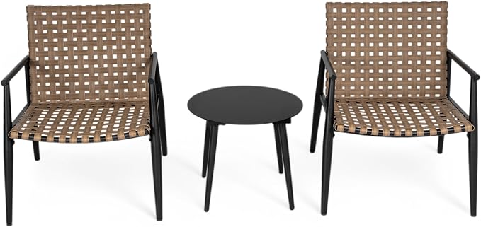 Christopher Knight Home Oakes Patio Table and Chairs Set, 3-Piece Patio Conversation Set, Outdoor Tempered Glass Table and PE Rattan Armchairs Set of 2, Garden/Poolside Reading Nook, Black+Brown