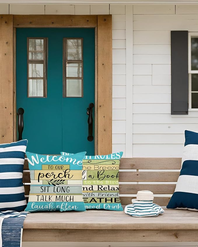 Lake House Outdoor Pillow Covers 18x18 Inch Waterproof Turquoise Woodgrain Stripe Welcome to Porch Decorative Cushion Covers for Patio Furniture, Set of 2