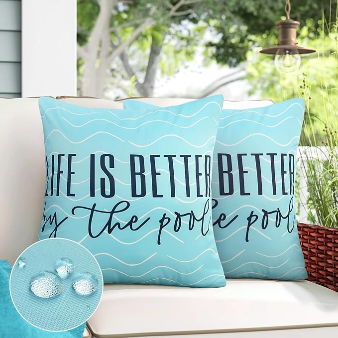 Adabana Outdoor Waterproof Pillow Covers 20x20 Inch, Life is Better | Blue Decor Waterproof Pillow Cover Set of 2 for Patio, Porch, Garden Furniture,Life is Better by The Pool