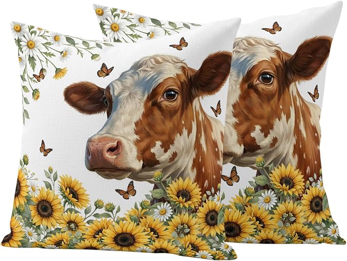 Cow Animal Outdoor Pillow Covers 18"x18" Set of 2, Yellow Sunflower Farmhouse Daisy Butterfly Waterproof Throw Pillow Covers for Patio Furniture, Decorative Cushion Covers for Porch