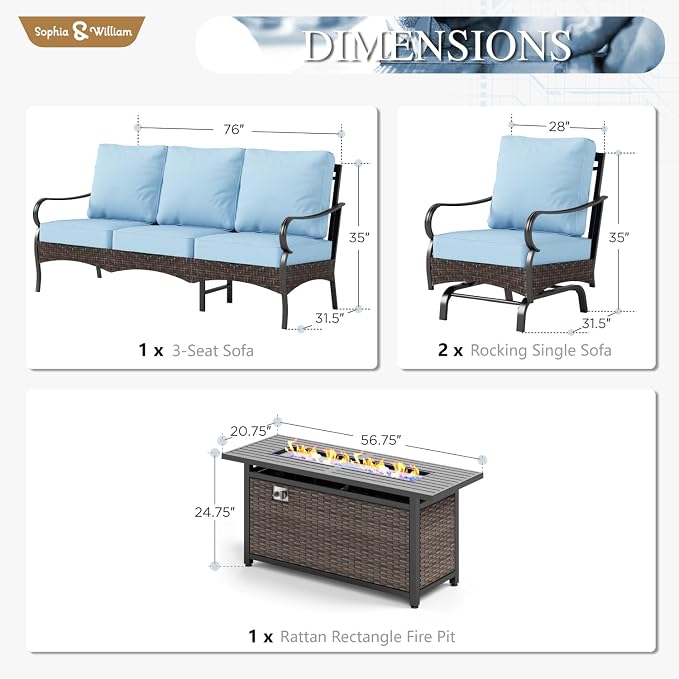 Sophia & William Patio Furniture Set with Fire Pit Table, 4 PCS Metal Outdoor Conversation Set with Fire Pit Table, 2 Sofa Chairs,3-Seater Couch for Outdoor Seating, Backyard, Porch(Blue)