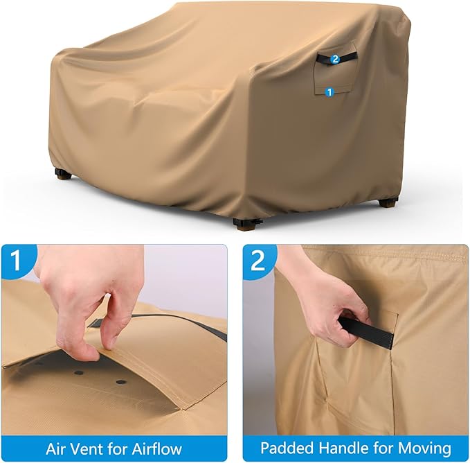 Heavy Duty Patio Sofa Cover, Mrrihand 2-Seater Outdoor Sofa Loveseat Cover, Outdoor Patio Furniture Cover with Air Vent and Handles, 104" W×40" D×35" H, Brown