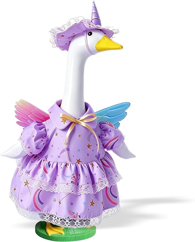 Purple Unicorn Porch Goose Outfits for 23 Inch Lawn Statue, Dress with Wings Hat Colorful Horn Set, Garden Party Birthday Outdoor Decoration, Costume for Plastic Cement Goose