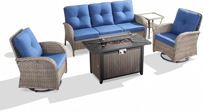 5 Piece Patio Furniture Set with Fire Pit Table - Wicker Patio Conversation Set with Swivel Glider, 3-Seat Sofa, Tempered Glass Side Table for Deck Backyard - Grey Wicker Blue Cushion