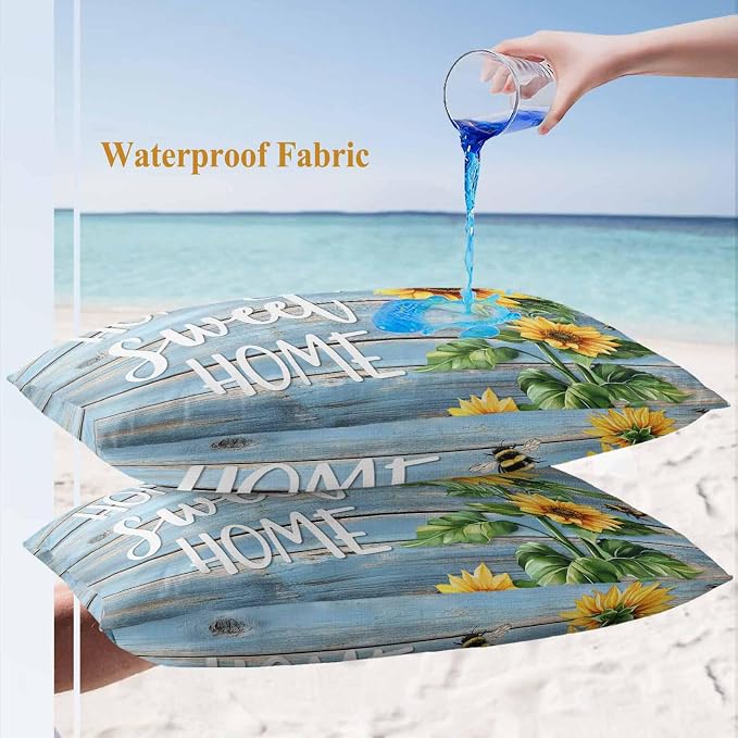 Lumbar Pillow Covers 20x12 Inch Set of 2, Spring Sunflower Waterproof Outdoor Pillow Covers, Bee Wooden Grain Country Rustic Decorative Cushion Pillowcases for Couch, Sofa, Bed, Garden, Patio