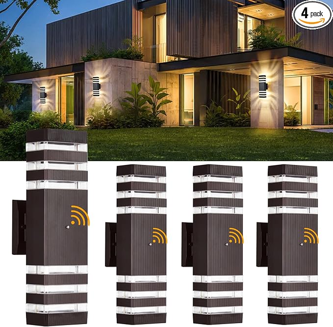 DASTOR 4 Pack Dusk to Dawn Outdoor Light Fixture, Modern Wall Lights Brown Exterior Sconce, 3000K Up and Down Porch Lights for House Garage Patio