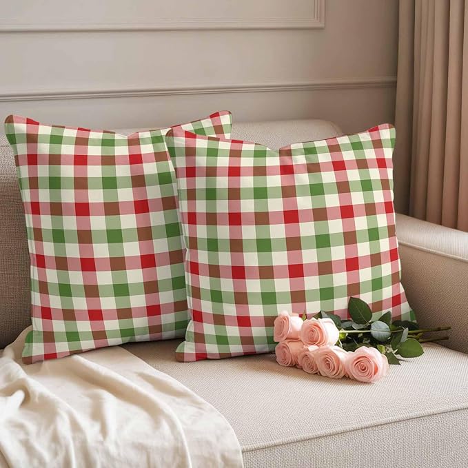 Outdoor Throw Pillow Covers,Vintage Pastoral Red Green Buffalo Gingham Waterproof Decorative Pillowcases Cushion Cover Christmas Plaid Pillow Cases for Patio Couch Sofa Bed,18x18in Set of 2
