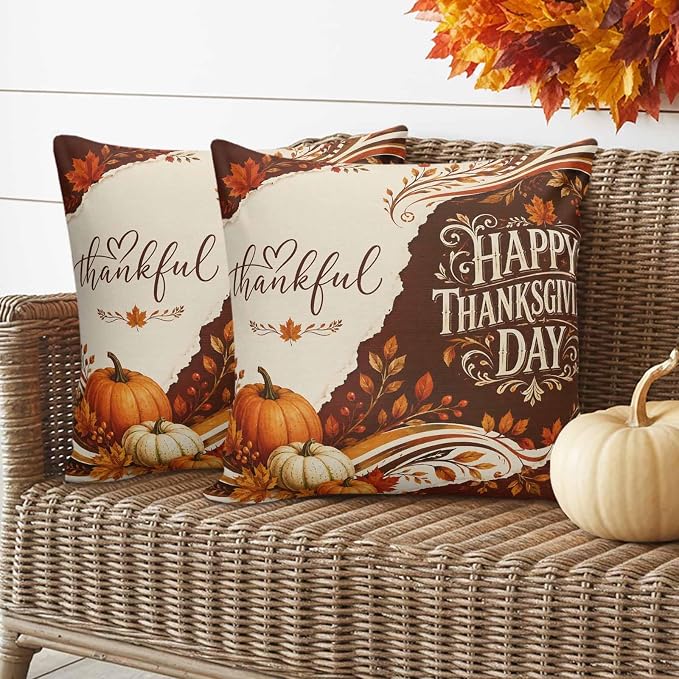 Thanksgiving Throw Pillow Covers 20x20 Inch Set of 2, Fall Pumpkins Waterproof Outdoor Pillow Covers, Maple Leaves Vintage Autumn Decorative Cushion Pillowcases for Couch, Sofa, Bed, Garden, Patio