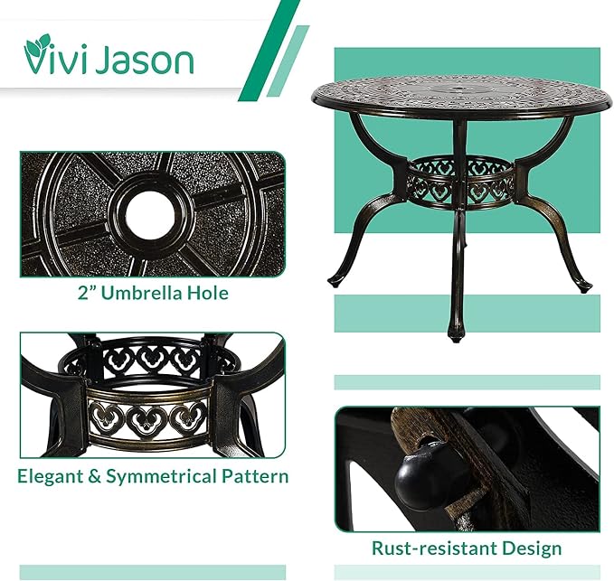 VIVIJASON 5-Piece Outdoor Patio Dining Set, All-Weather Cast Aluminum Conversation Set, Patio Furniture Set for Balcony Lawn Garden, Include 4 Swivel Chairs, a 38.5" Round Table w/Umbrella Hole
