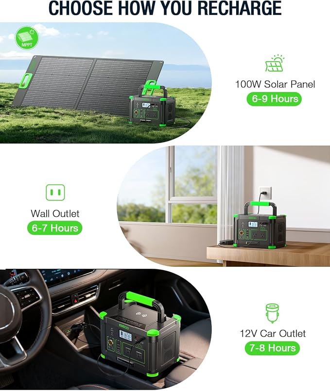 500W Portable Power Station, Solar Generator 519.48Wh (Peak 1000W) Lithium Battery Power Generator with 2 * 120V AC Outlets, Mobile Battery Backup Pack for RV Trip Camping, Outdoor Adventure, Home