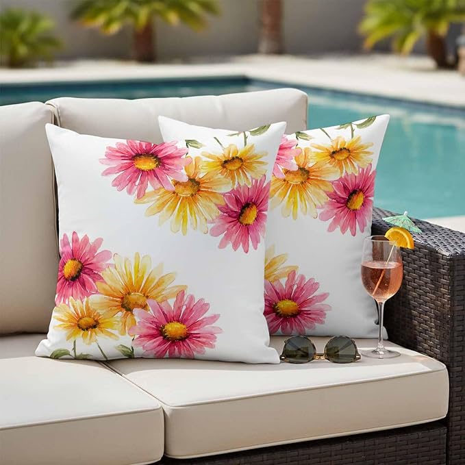 Yellow Pink Daisy Outdoor Pillow Covers 16"x16" Set of 2, Rustic Farmhouse Boho Wildflowers Waterproof Throw Pillow Covers for Patio Furniture, Decorative Cushion Covers for Porch