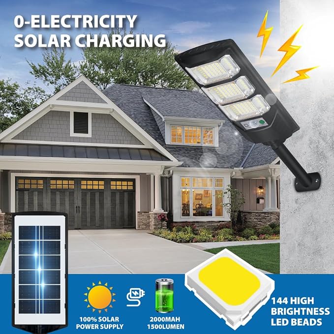 Solar Outdoor Light 2 Pack, 144 LED 6500K Dusk to Dawn Solar Powered Street Light IP65 Waterproof Motion Sensor Security Flood Light with Remote Control Smart Light for Patio Barn Yard Garage