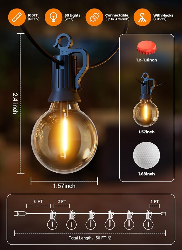 100FT 52 LED Bulbs Outdoor String Lights, IP65 Waterproof String Lights | G40 Shatterproof Connectable Outside Patio Light for Backyard Porch Balcony Garden Decor Christmas Camping Gazebo