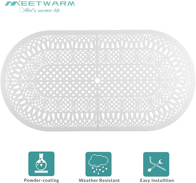 MEETWARM 9-Piece Outdoor Patio Dining Set, 8 Outdoor Dining Chairs and 1 Oval Table with 2" Umbrella Hole, All Weather Cast Aluminum Patio Funiture Set for Backyard, Garden, Patio,White