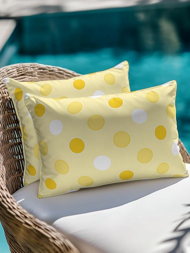 Waterproof Outdoor Pillow 1 Pack Yellow Polka Dots Decorative Throw Pillows Cover & Insert 20x12 Inch Lumbar Pillowcase Funny Circles Spots Pillows for Couch Sofa Bed Patio Furniture Indoor Outdoor