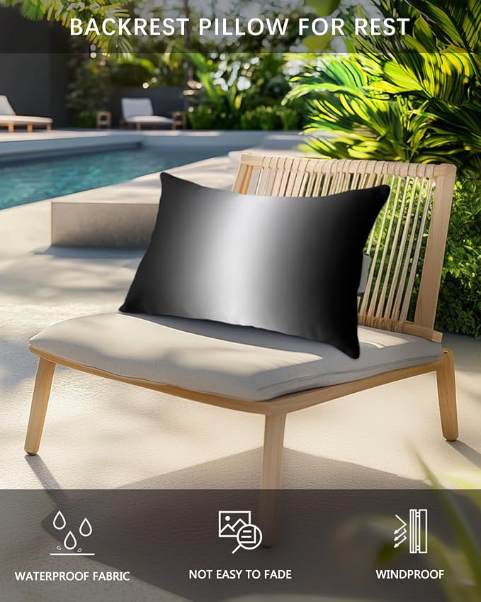 Pack of 2 Outdoor Lumbar Pillow Covers 12x20 Inch, Black Grey Ombre Waterproof Throw Pillow Covers Set, Aesthetics Modern Abstract Art Gradient Decorative Cushion Cases for Patio Porch Car