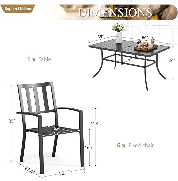 Sophia & William Patio Table and Chairs Set, Outdoor Dining Set for 6, 7 Piece Metal Patio Furniture, 60" Black Rectangular Table(Stripe)