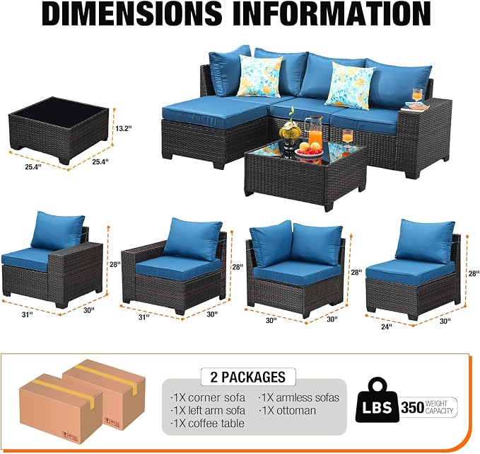 5-Piece Outdoor Patio Furniture Set, Modular Wicker Sectional Sofa with Thick Cushions & Coffee Table, All-Weather Rattan Conversation Set for Backyard, Porch, Poolside, Peacock